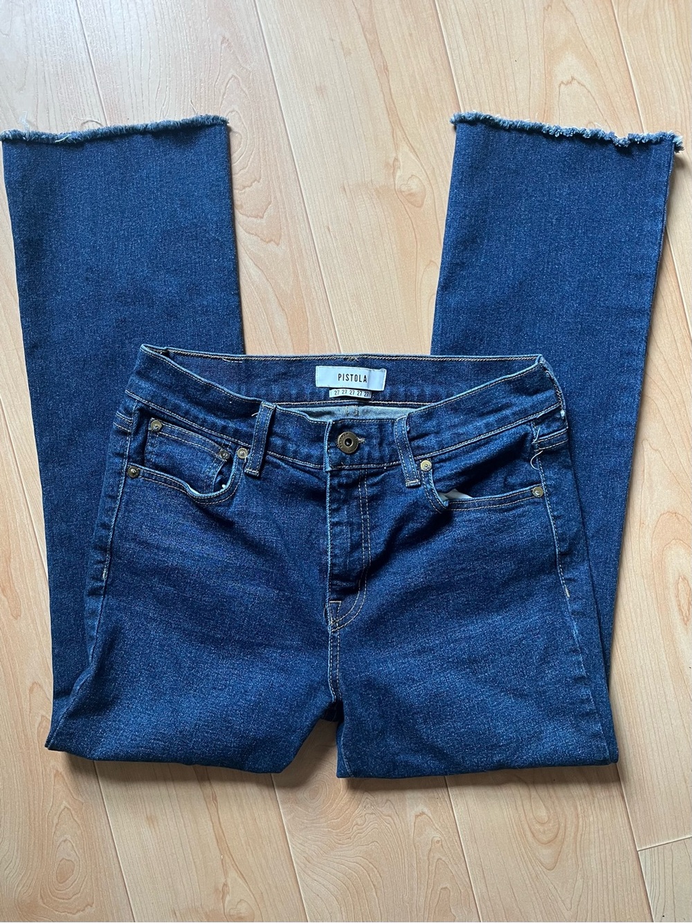 Pistola mid rise, straight leg, frayed hem jeans size 27